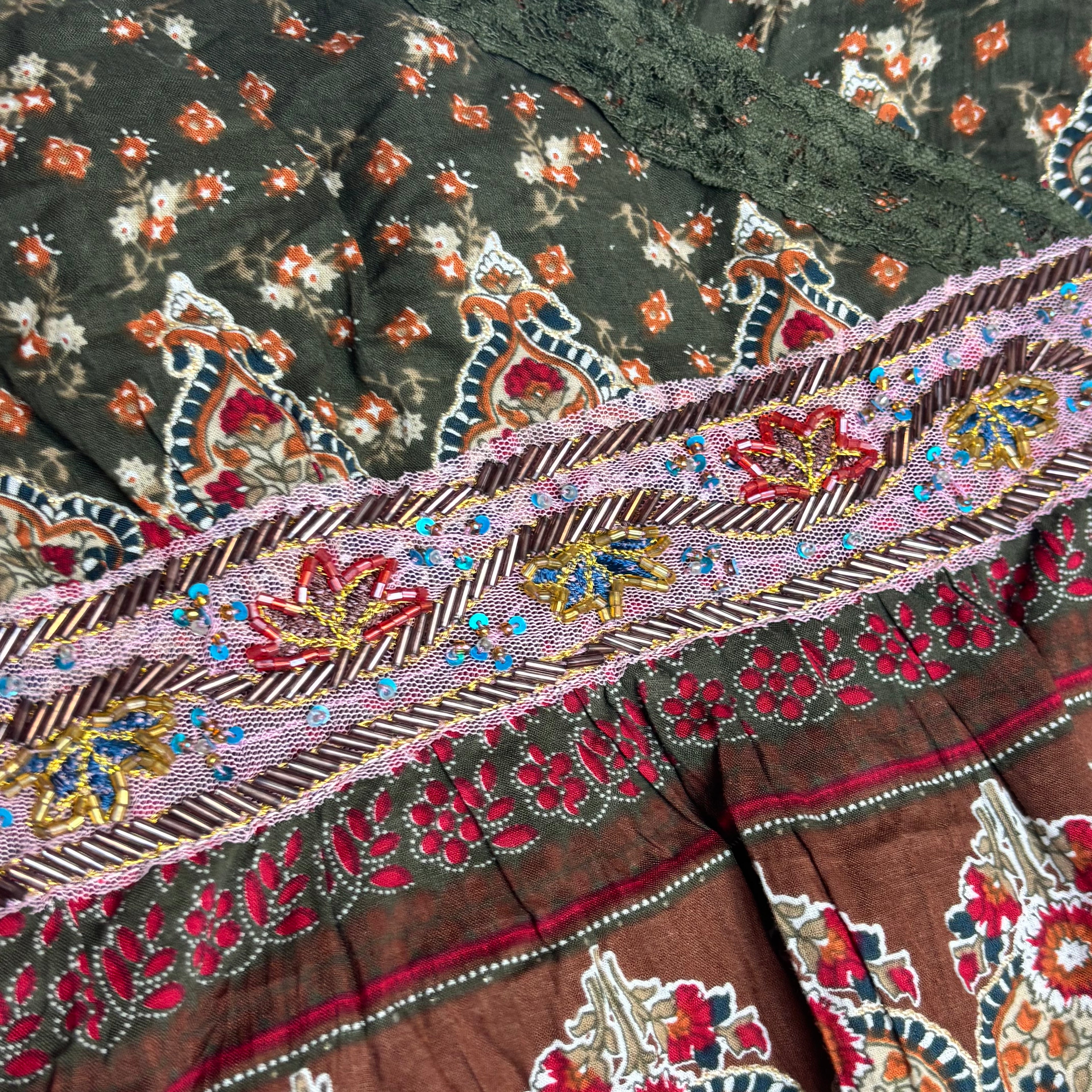 2000s Earthy Embellished Lace Tiered Babydoll Top