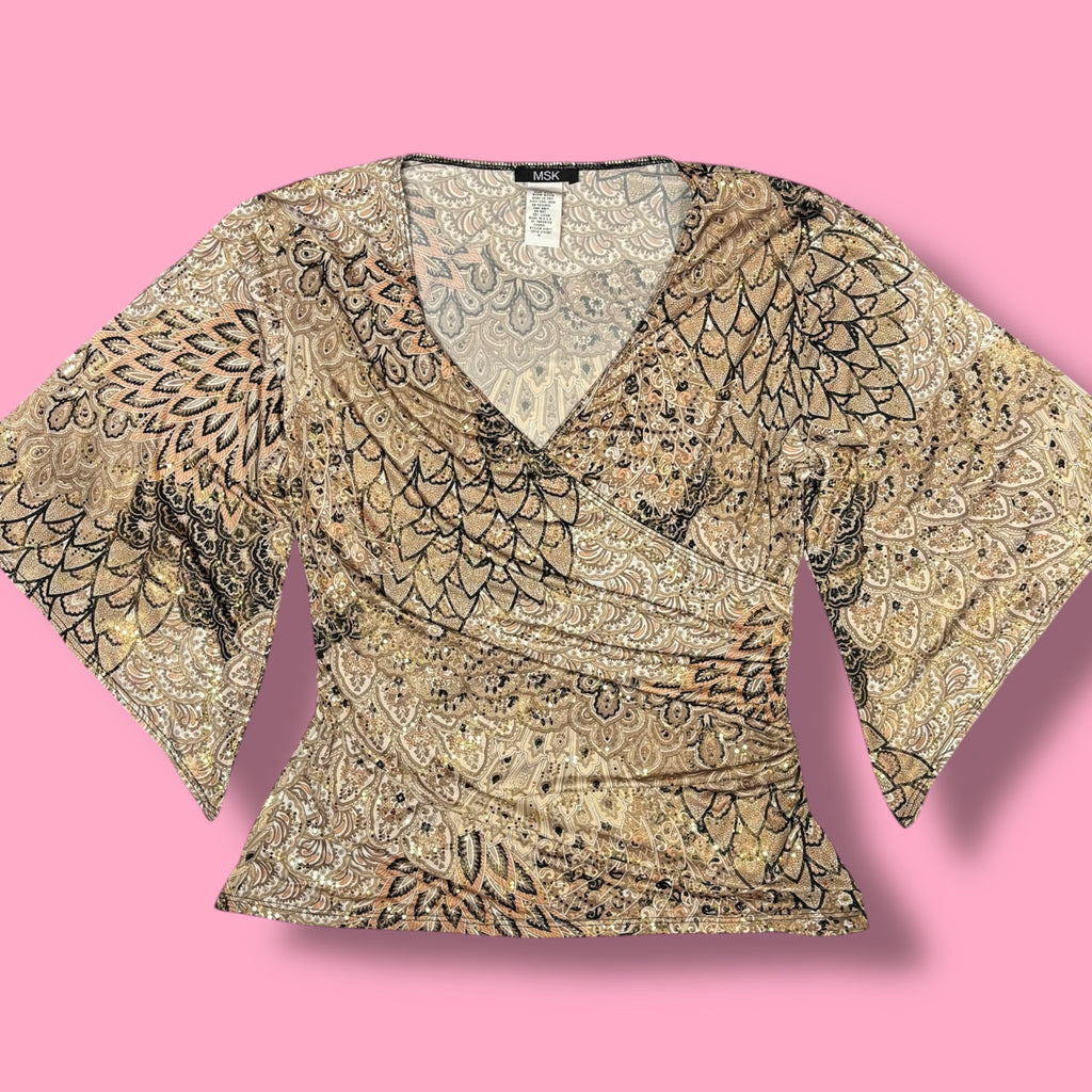 2000s MSK Patterned Glitter Wrap Top with Bell Sleeves