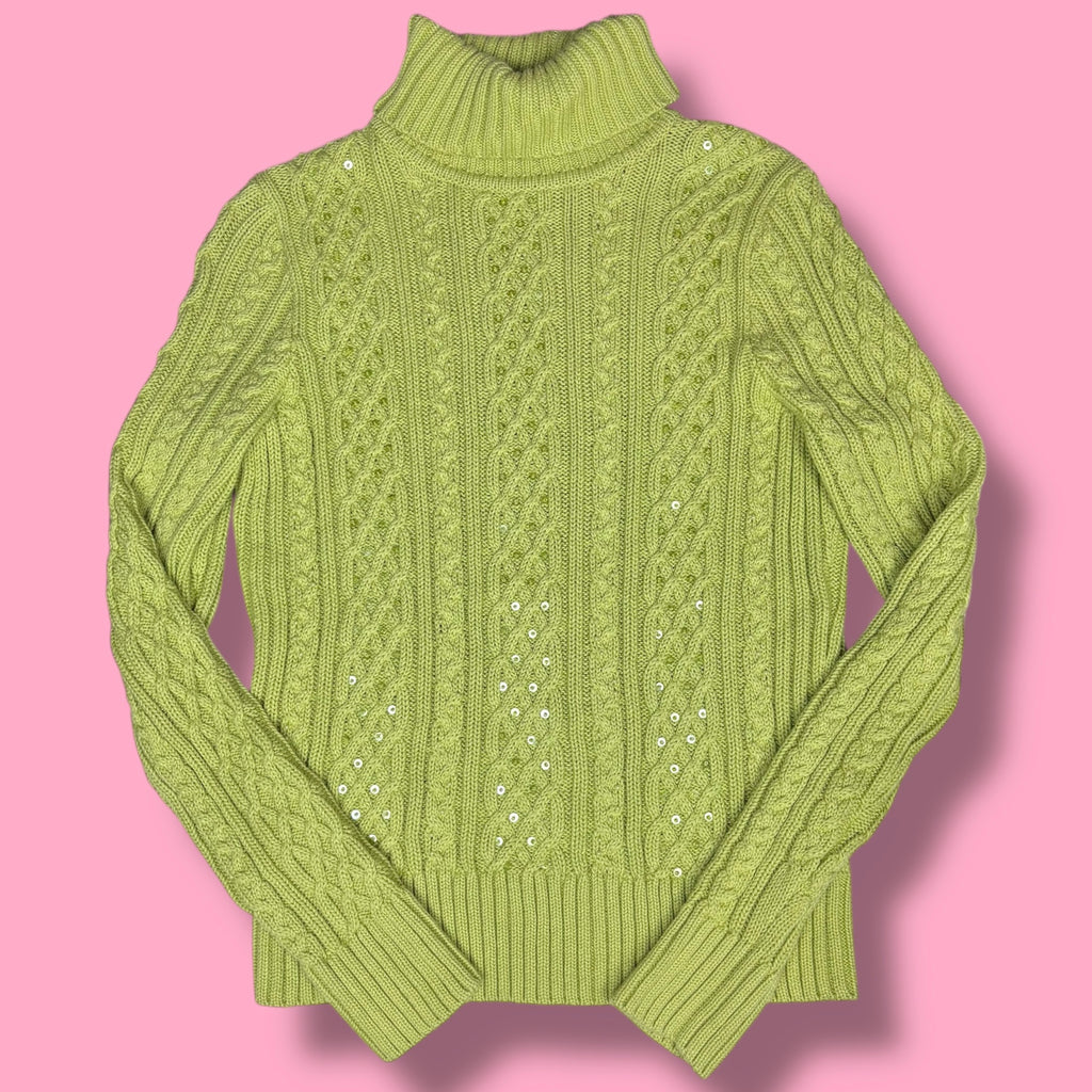 2000s Jeanne Pierre Beaded Cable-Knit Turtleneck Sweater