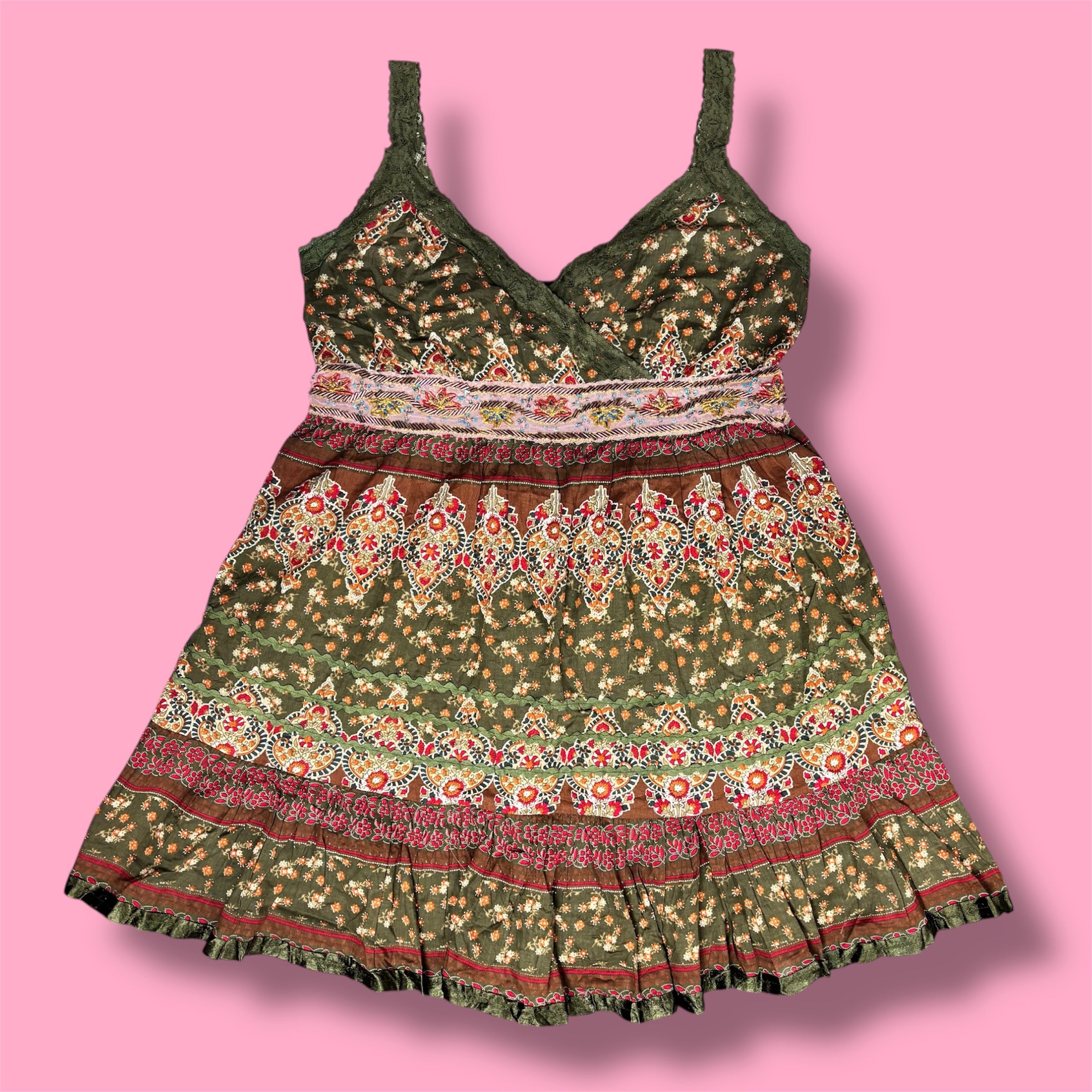 2000s Earthy Embellished Lace Tiered Babydoll Top