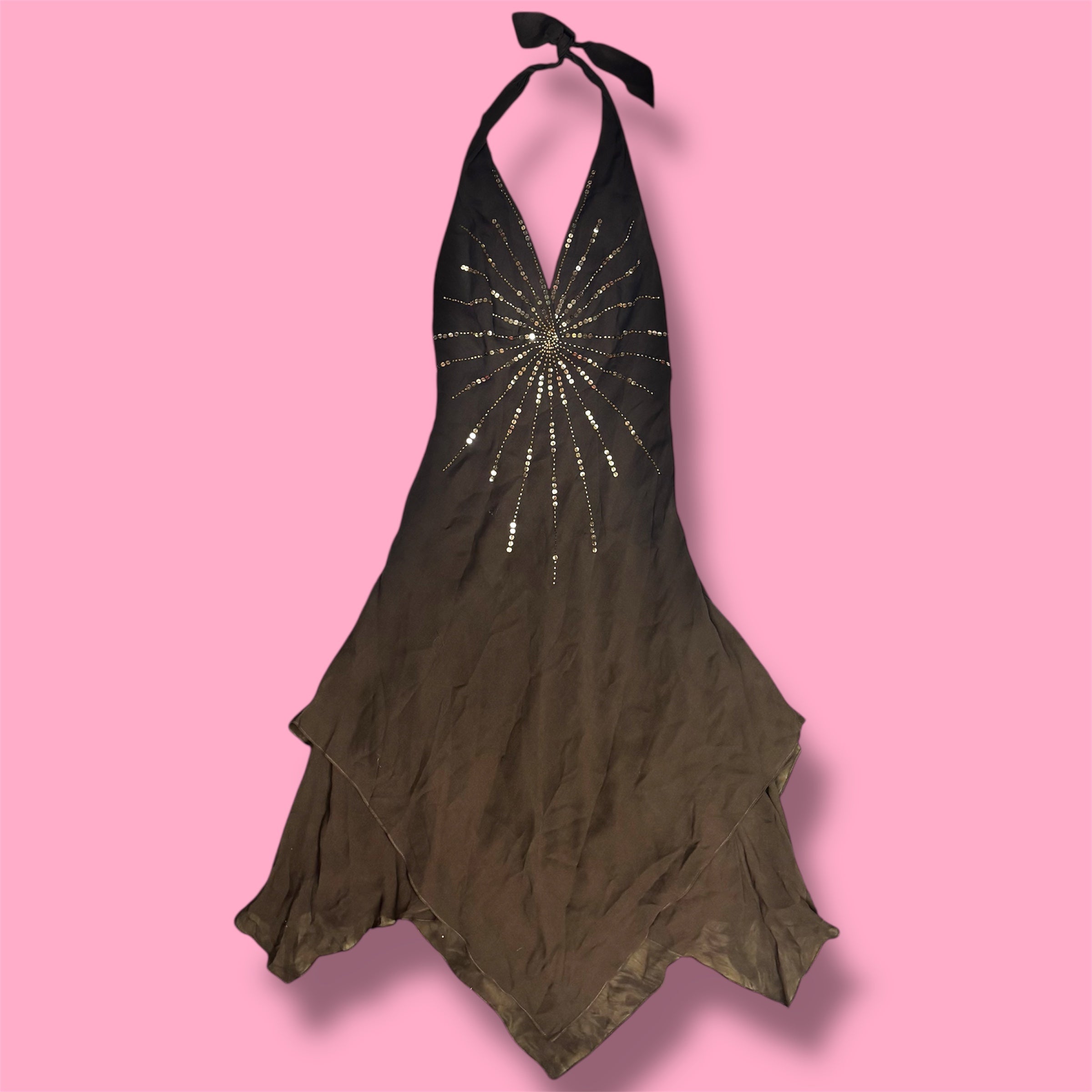 BCBG Silk Fairycore Embellished Halter Dress
