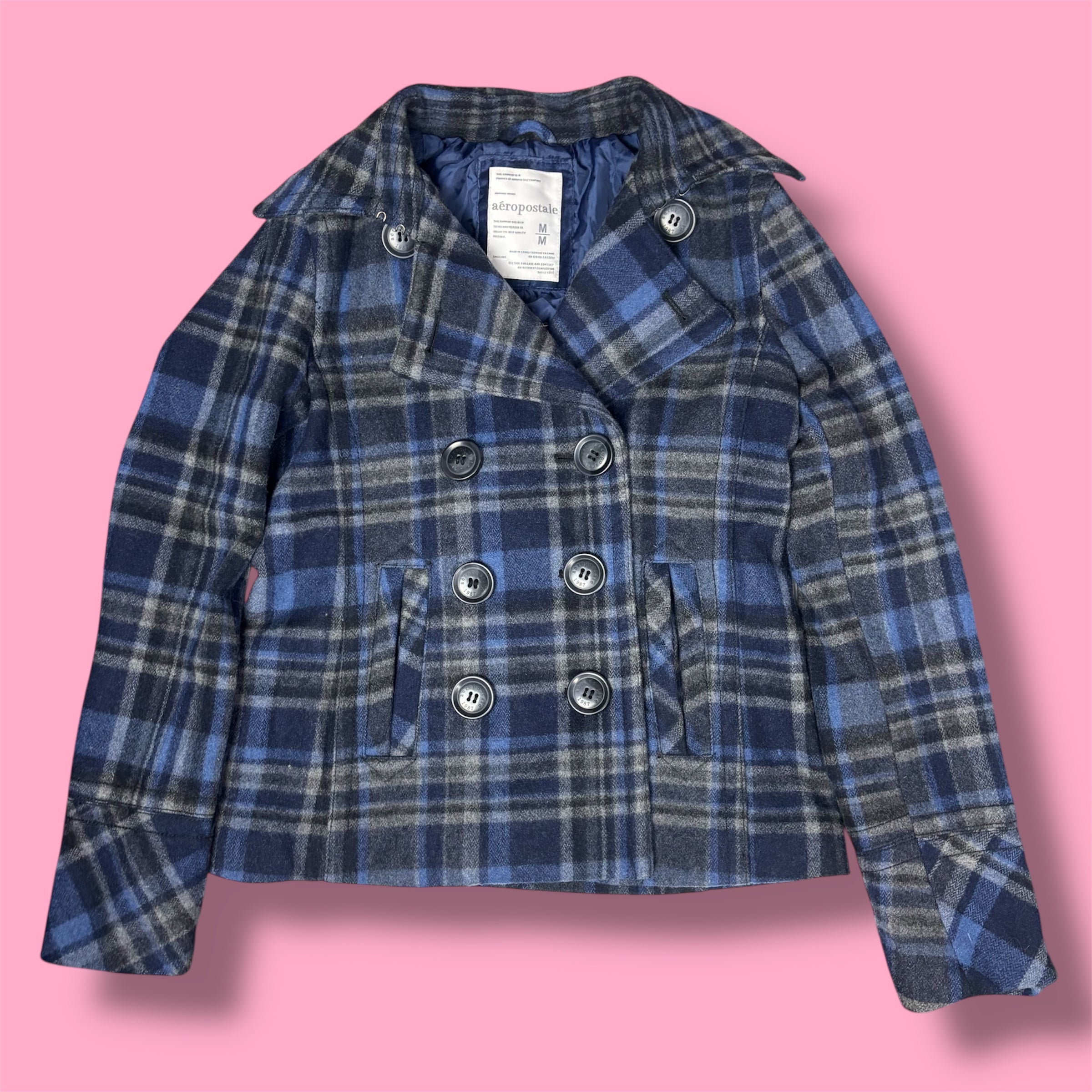 Aeropostale Wool Plaid Collared Peacoat