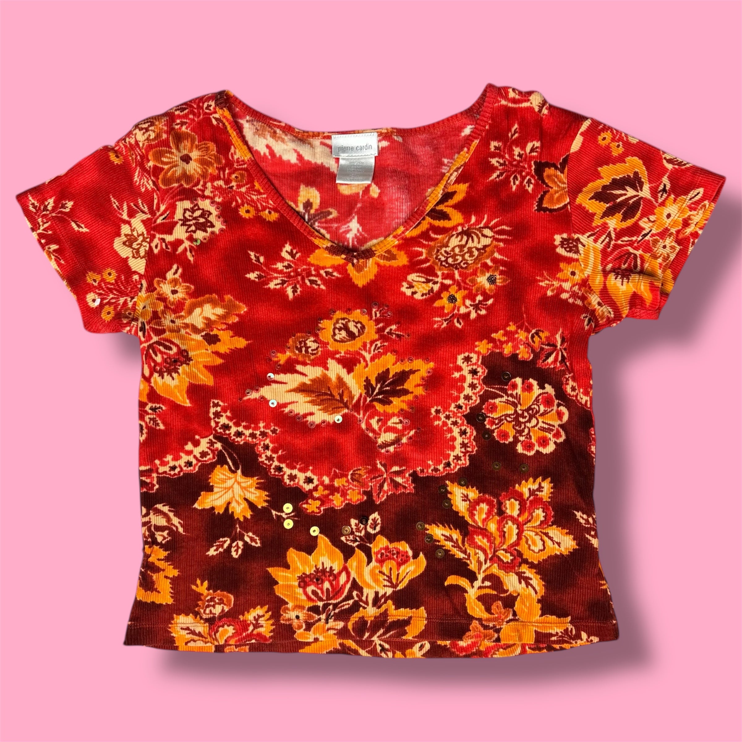 2000s Pierre Cardin Embellished Autumnal Floral Baby Tee