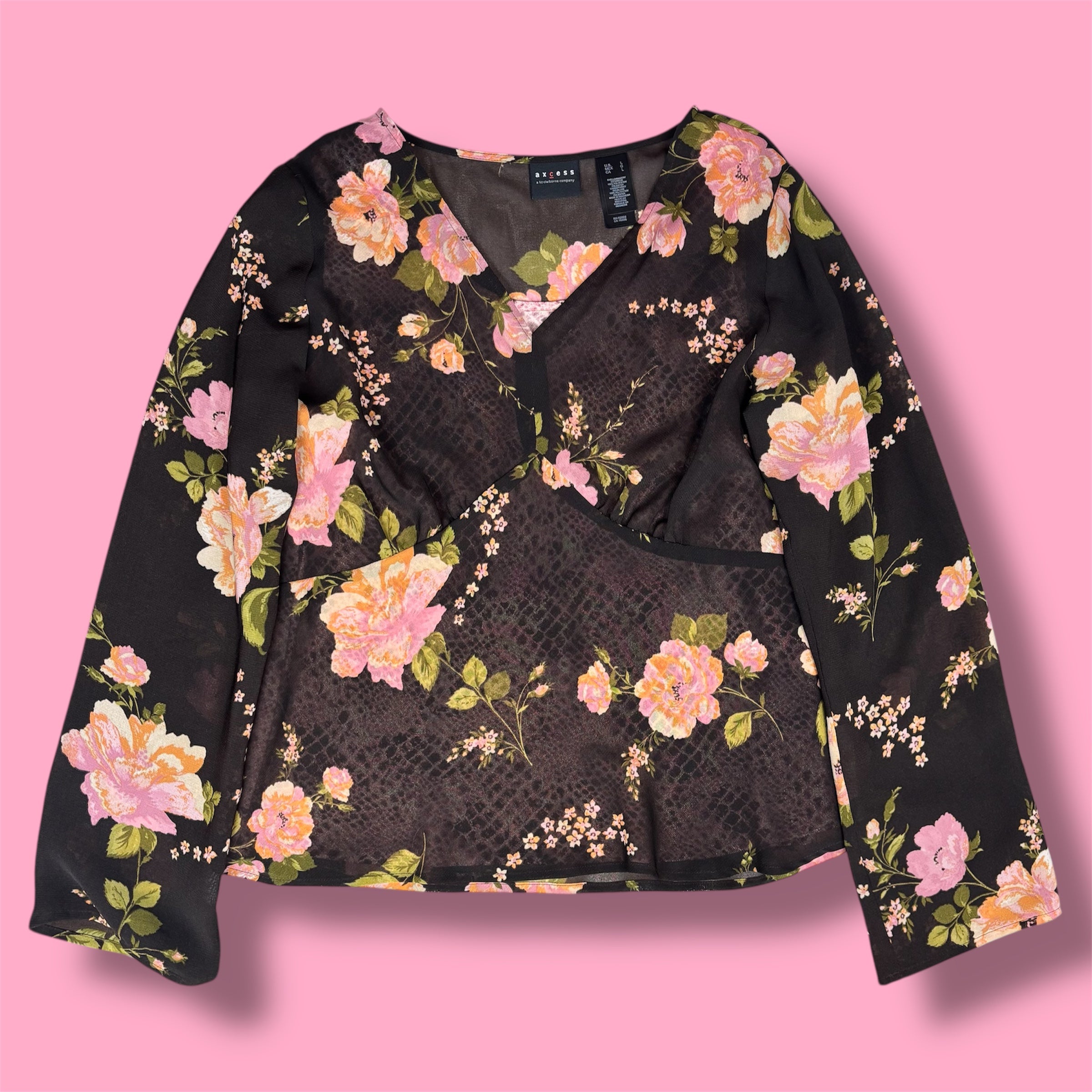 2000s Axcess Floral Micromesh Layered Long Sleeve Top