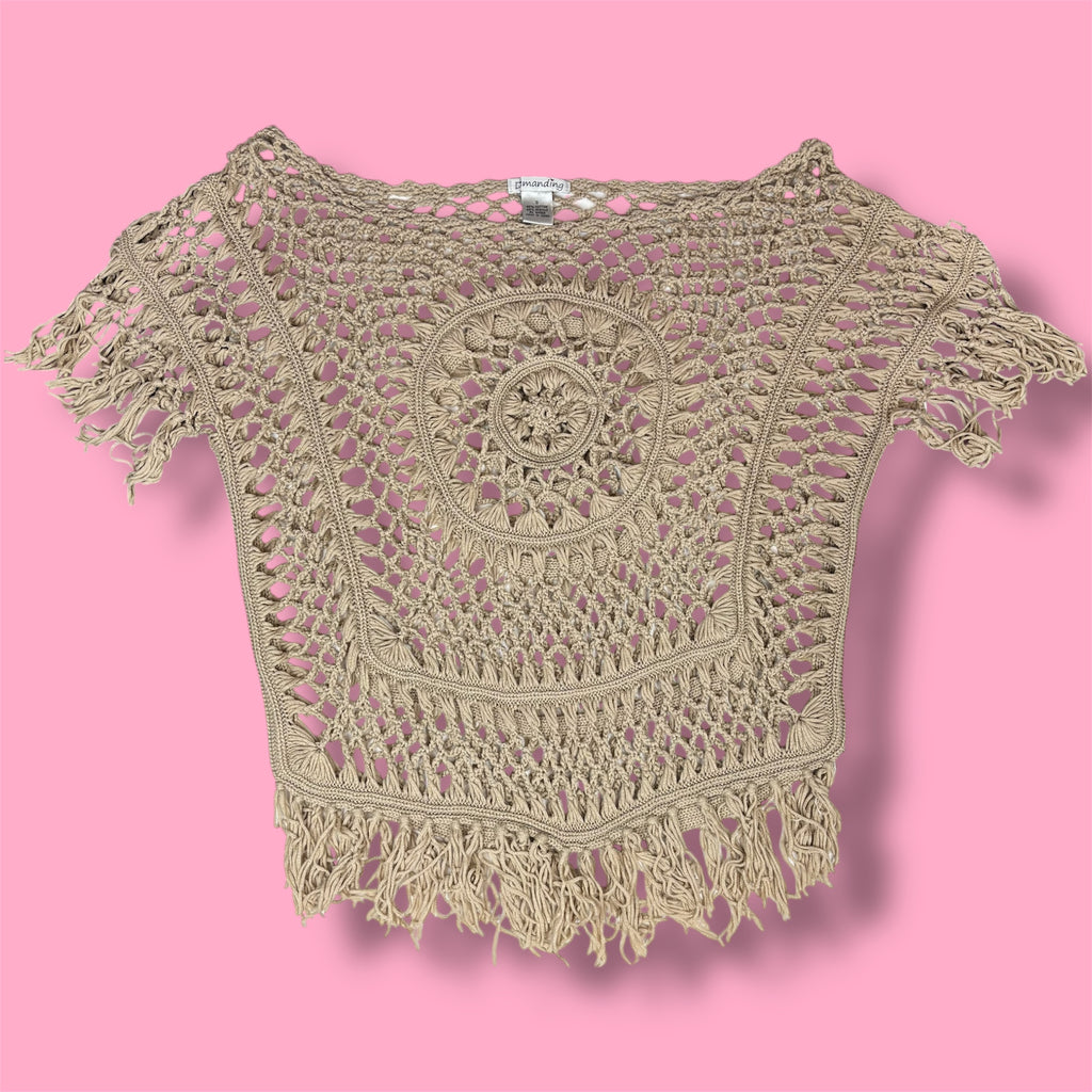 2000s Demanding Crochet Open-Knit Fringe Poncho Top