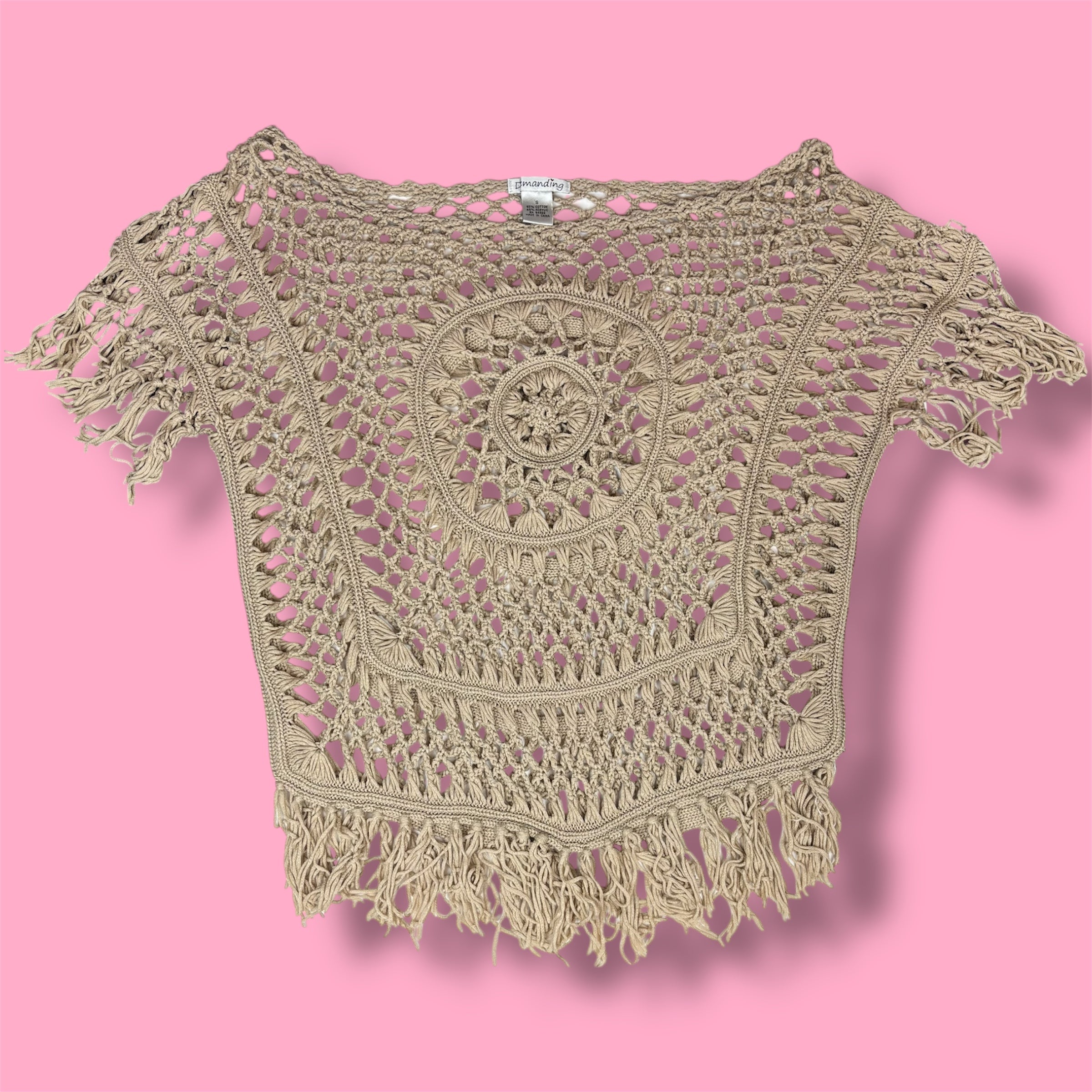 2000s Demanding Crochet Open-Knit Fringe Poncho Top