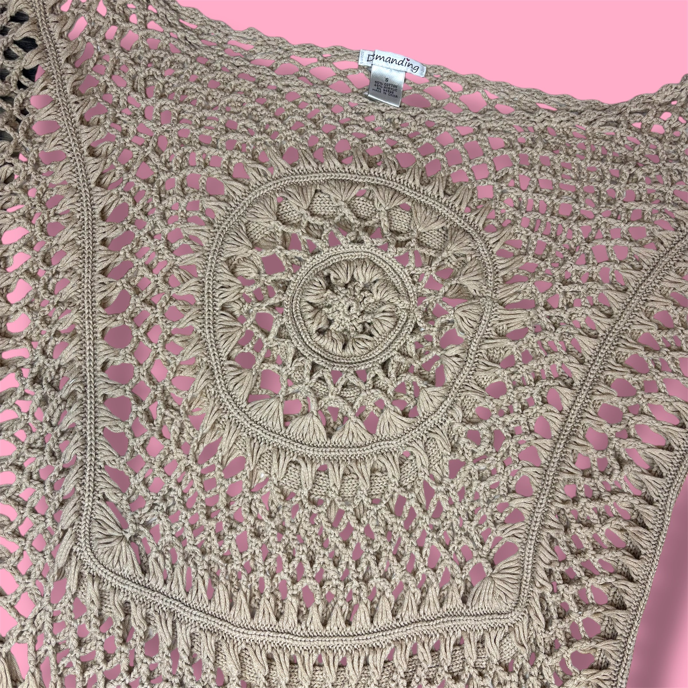 2000s Demanding Crochet Open-Knit Fringe Poncho Top