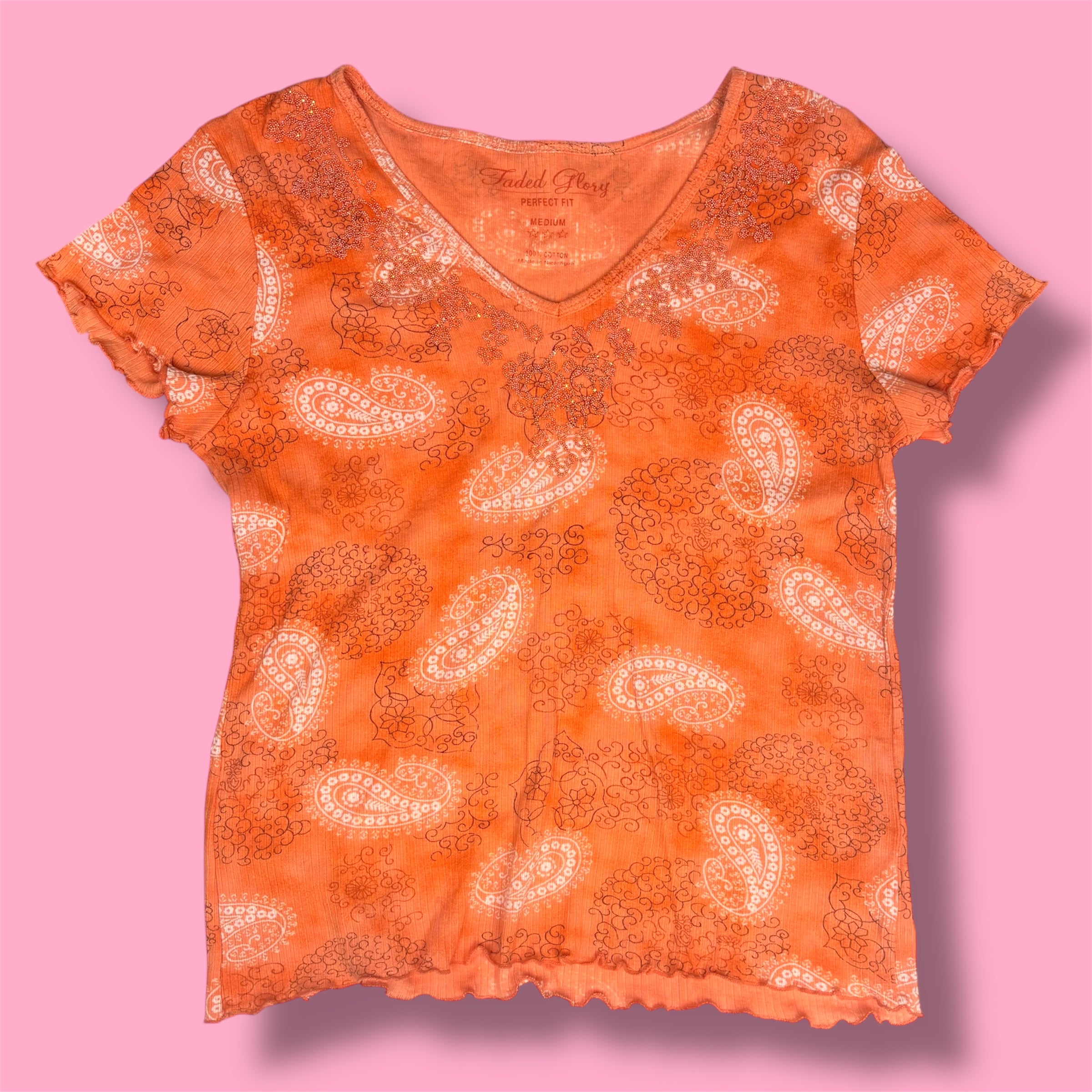 2000s Faded Glory Paisley Ribbed V-Neck Baby Tee
