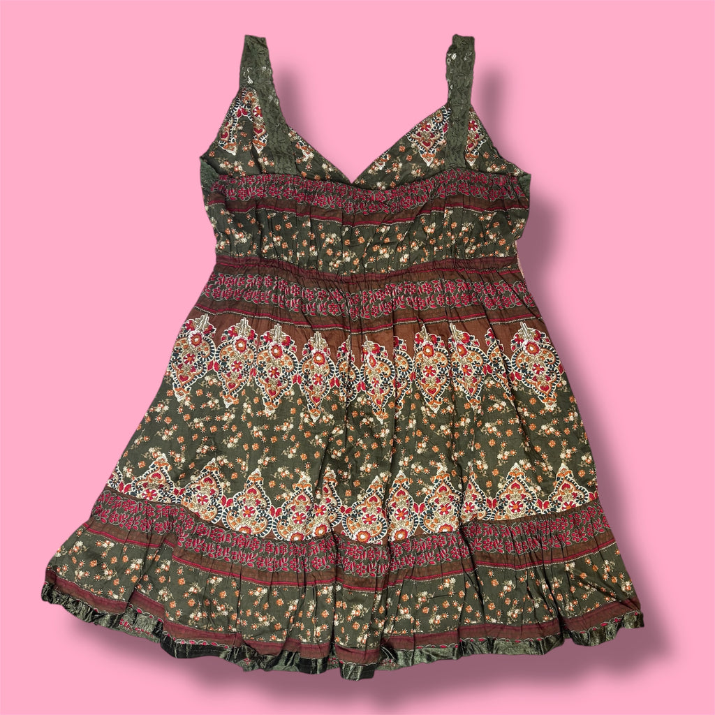 2000s Earthy Embellished Lace Tiered Babydoll Top