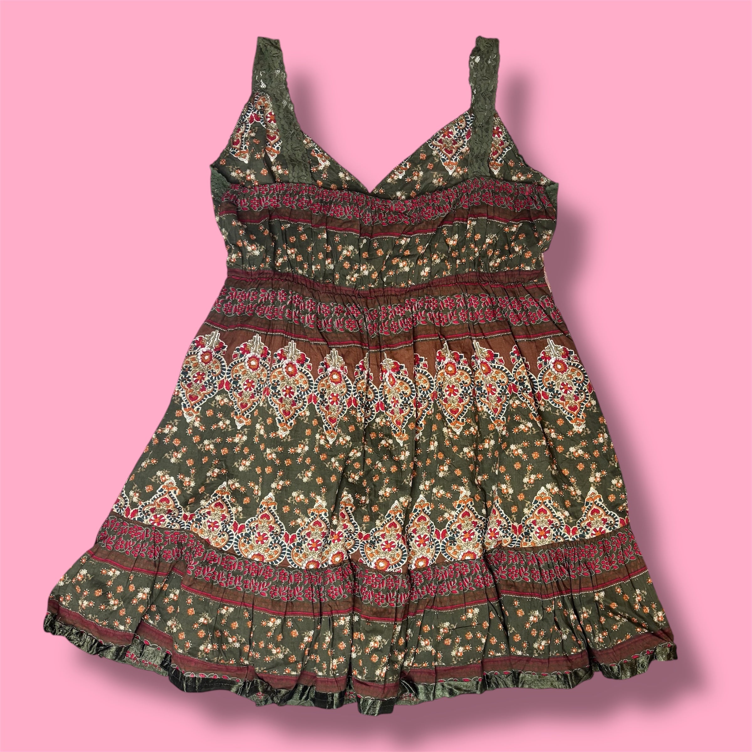 2000s Earthy Embellished Lace Tiered Babydoll Top
