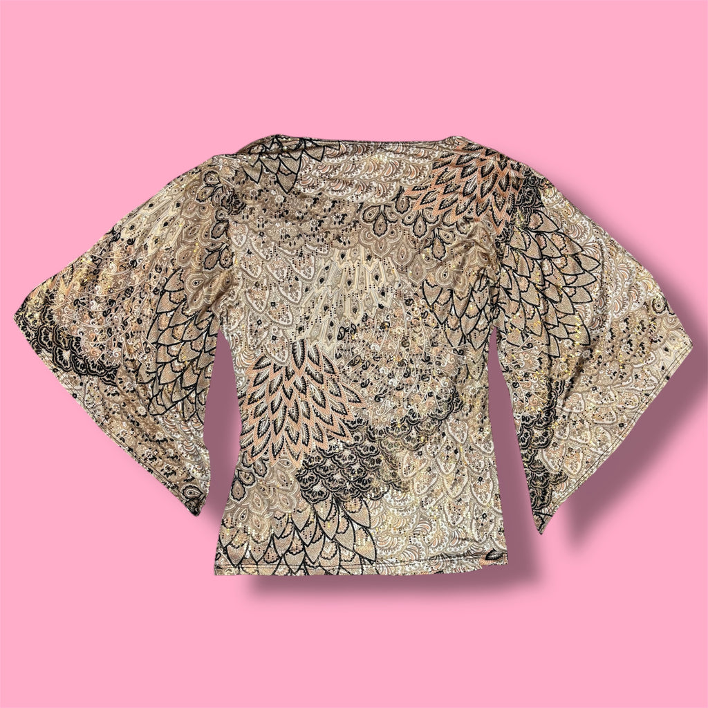 2000s MSK Patterned Glitter Wrap Top with Bell Sleeves
