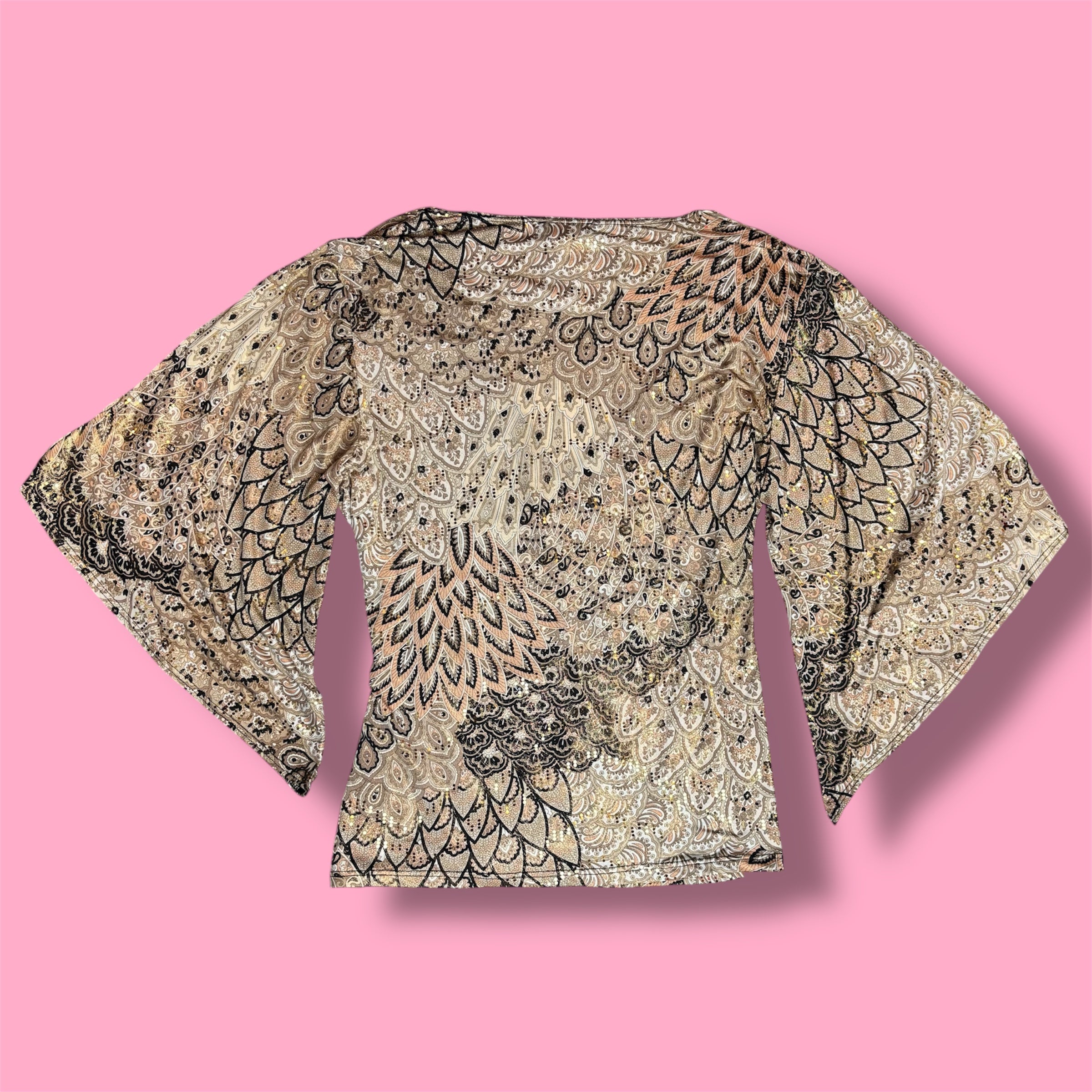 2000s MSK Patterned Glitter Wrap Top with Bell Sleeves