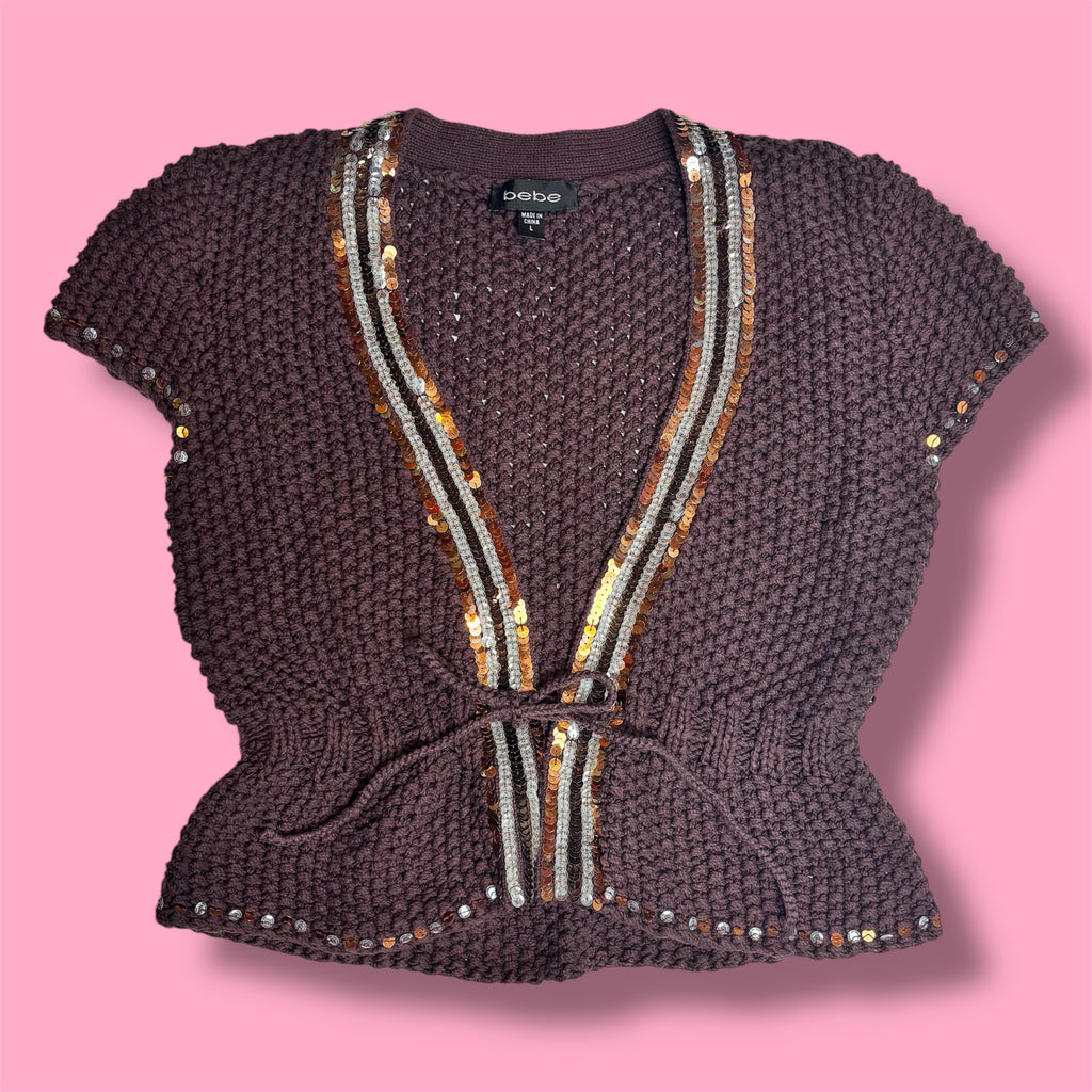 Bebe Sequin Trim Chunky Knit Tie-Up Bolero